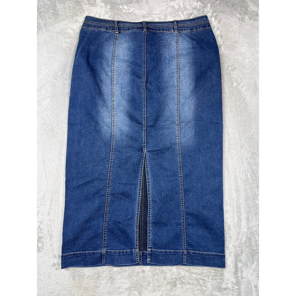 Denim Midi Skirt 18W Stretch Blue Panel Seam Pencil Back Slit Casual 2XL - Picture 4 of 8